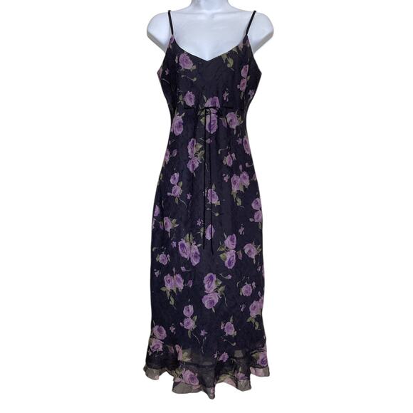 Vintage 90s Y2k Bebe Black Floral Goth Betsey Boho Midi Dress Size S - Picture 1 of 7